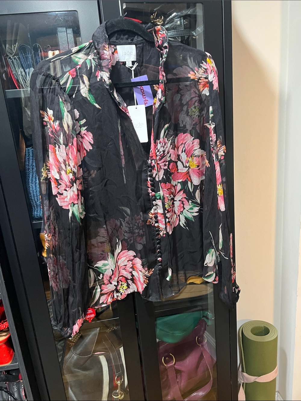 Jade Black Sheer Blouse with Pink Floral Print